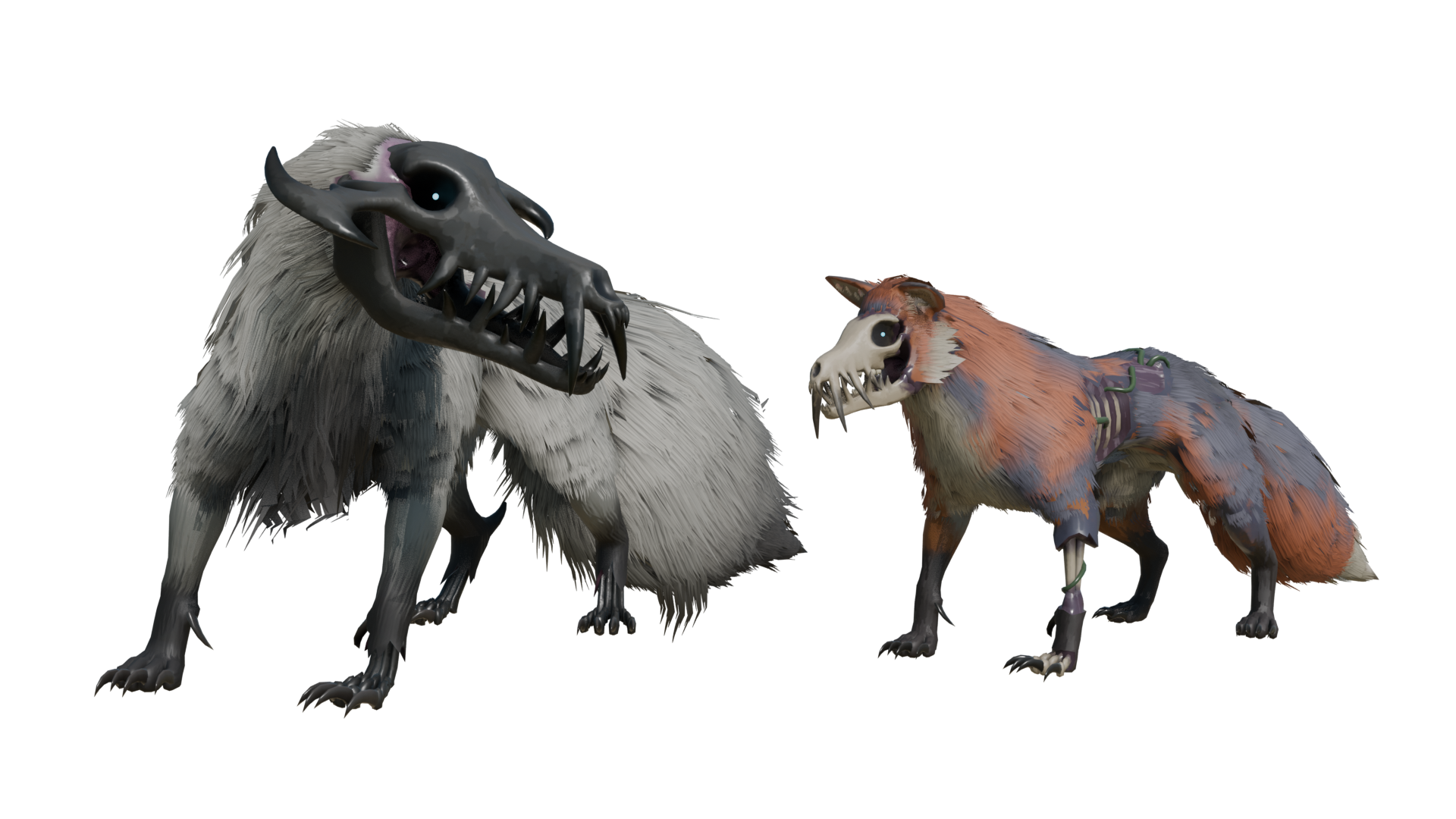 The Wolf and the Fox side by side with full fur applied.