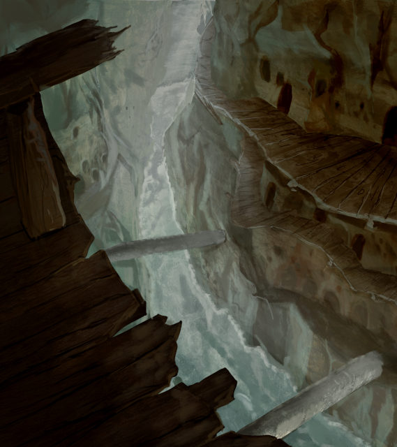 Concept art of a narrow rock chasm, with timber platforms and fallen logs bridging the river far below