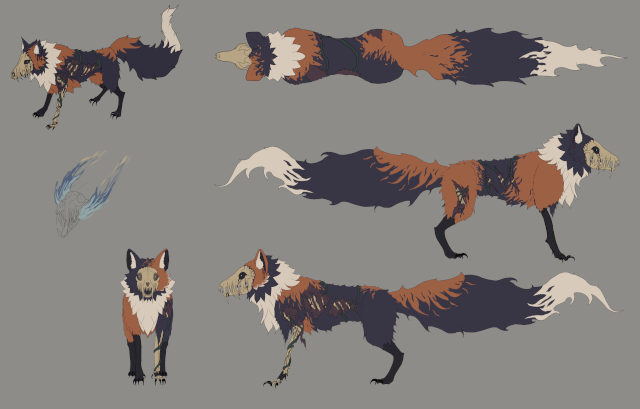 Character concept sheet for the corrupted fox, drawn from several angles in orange and dark blue