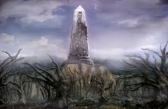 Concept art of a crystal obelisk standing on a rocky outcrop above a forest of dead trees