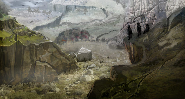 Concept art of a misty highland valley where three figures look out from a cliff ledge