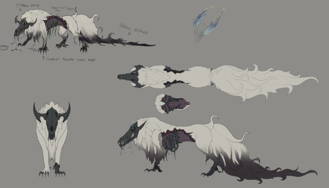 Character concept sheet for the Beast, a pale skull-headed predator drawn from several angles with design notes