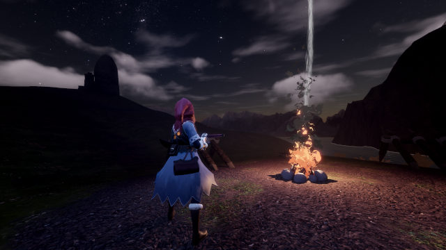 The hunter stands before a campfire at night, its sparks streaming up into a starlit sky
