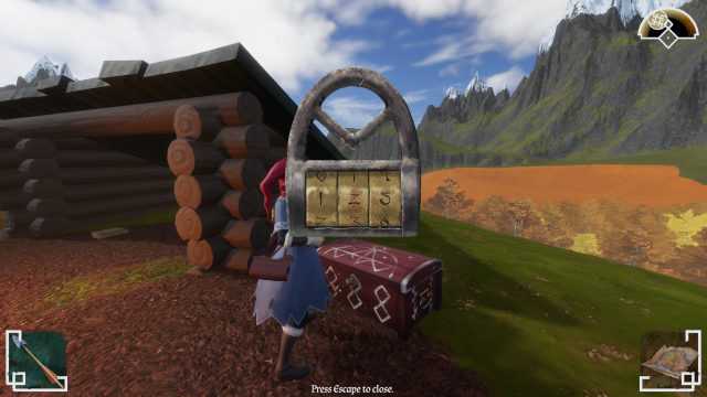 The hunter works a three-dial rune lock on a chest beside a log cabin in the mountains